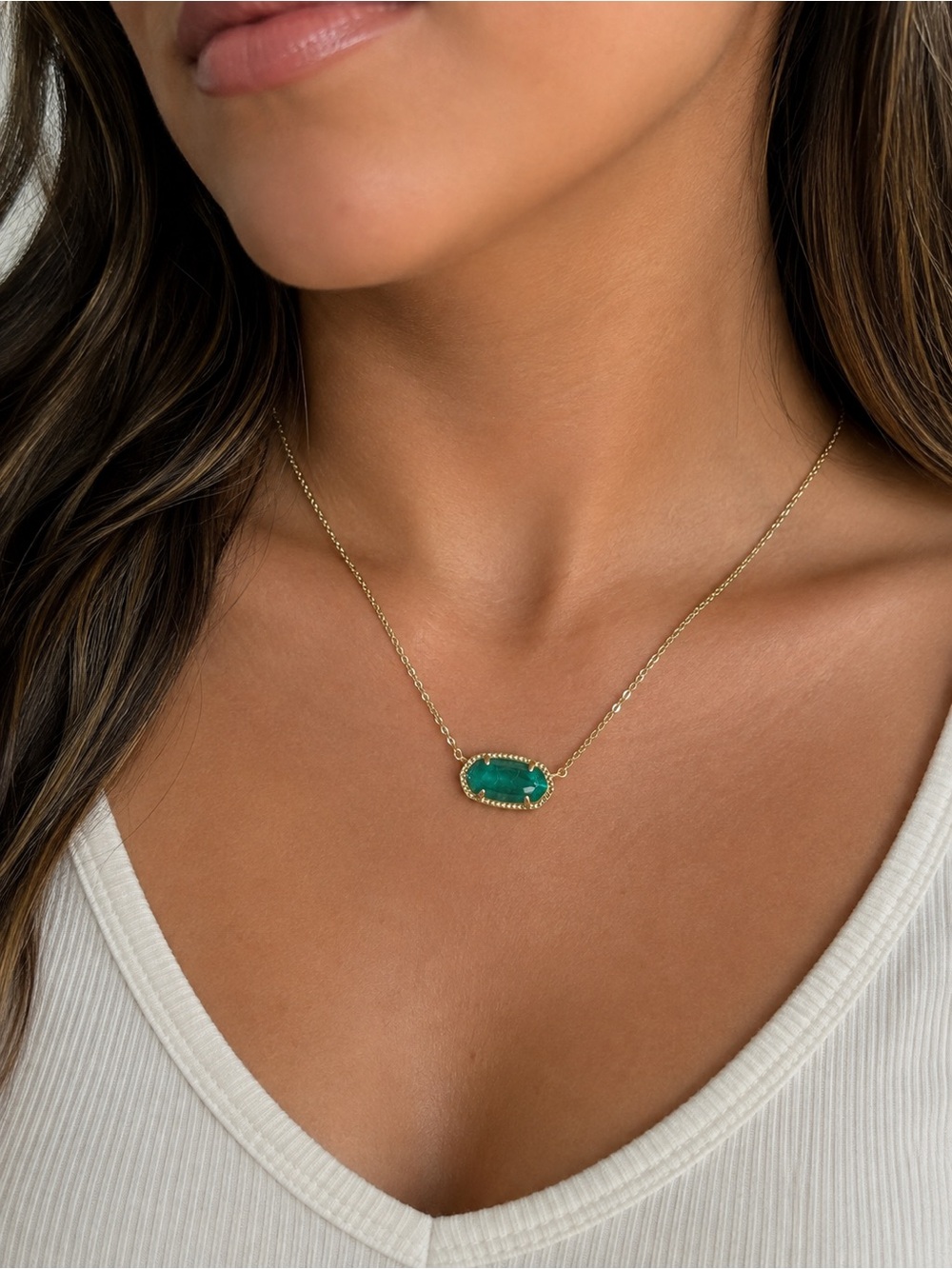 Kendra Scott Gold Necklace with Emerald Green Oval Pendant